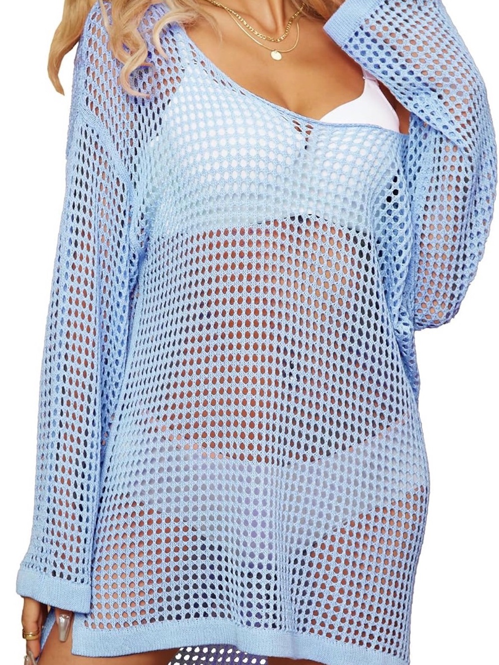 Light Blue Knit Mesh Swim Coverup - Women's Beach Tunic